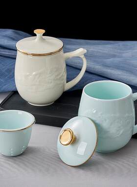 华光国瓷 茶杯盖杯泡茶杯新中式会客茶杯碟陶瓷杯喝水杯子 龙凤杯