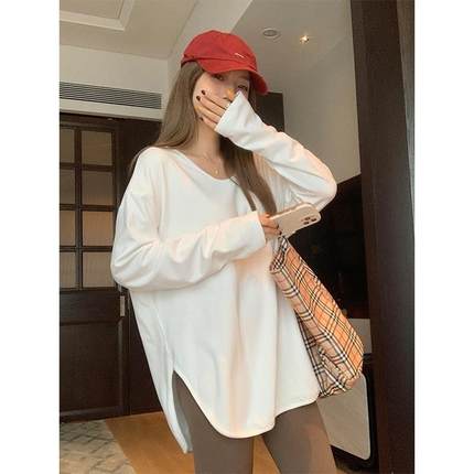感开叉慵懒白色T恤打底衫女冬德绒保暖大尺码内搭长袖上衣1221w