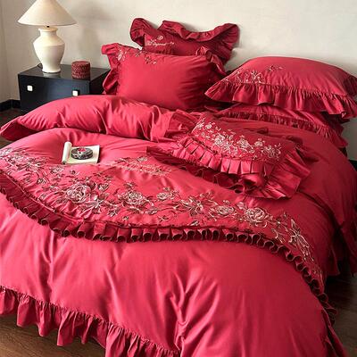 法式浪漫绣花婚庆四件组全棉玫瑰刺绣红色花边结婚被套床单床笠款