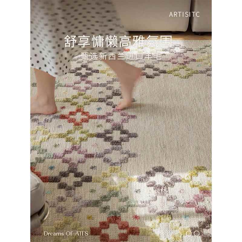印百度进口手工羊毛编织地毯奶油风客子卧室20230901衣帽间垫新款