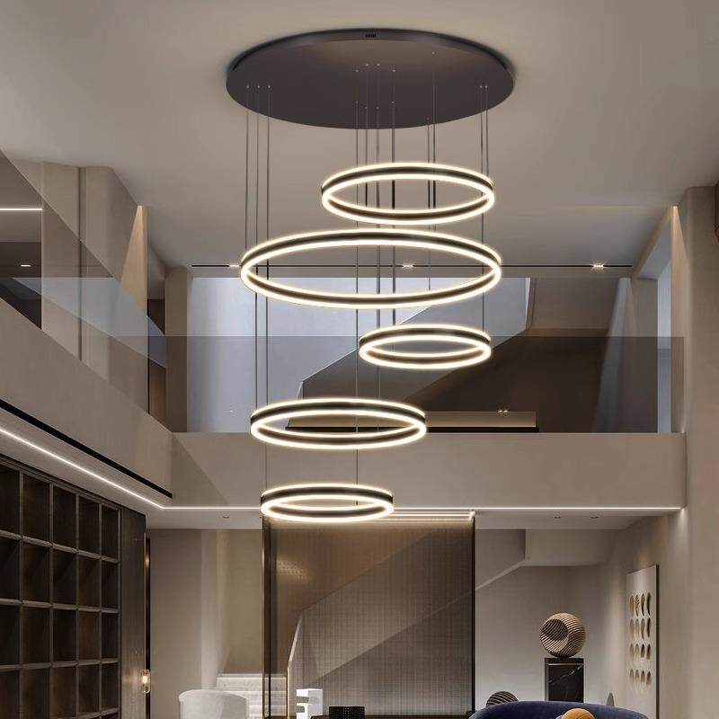 别墅复式楼大吊灯中空跃层挑空客厅灯环形loft轻奢黑色多层楼梯灯