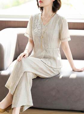 气质妈妈夏装真丝短袖T恤小衫40岁50中老年女装夏季阔腿裤两件套