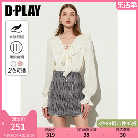 DPLAY春法式杏色v领蝴蝶结系带不对称荷叶边设计雪纺衫上衣女