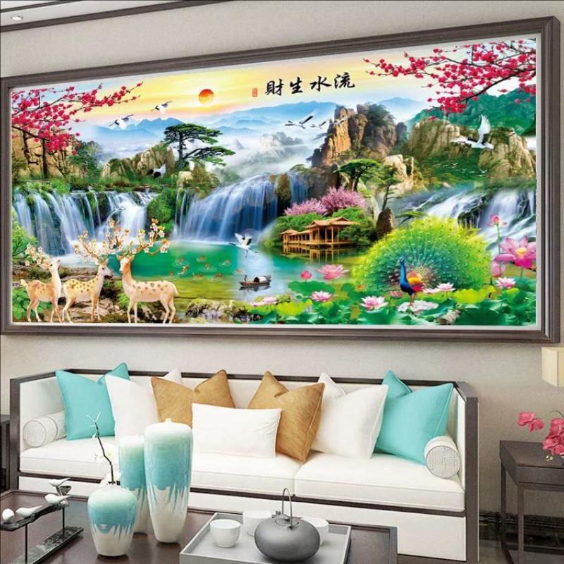 纯手工十字绣成品流水生财孔雀发财鹿客厅风景山水挂画裱好的带框