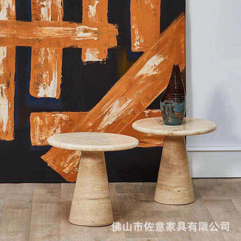 北欧天然洞石边几沙发设计师角几轻奢大理石小户型客厅创意小茶几