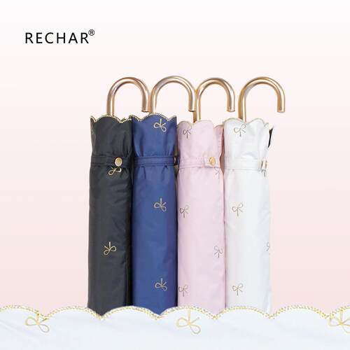 现货RECHAR刺绣蝴蝶结弯柄三折伞弯钩女晴雨两用女生遮阳伞太阳伞