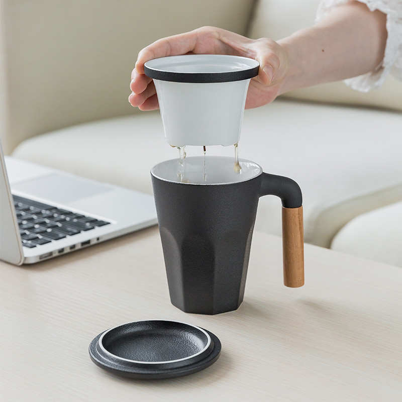 原源马克杯陶瓷大容量手柄茶水分离茶杯办公室带盖过滤喝茶单人杯