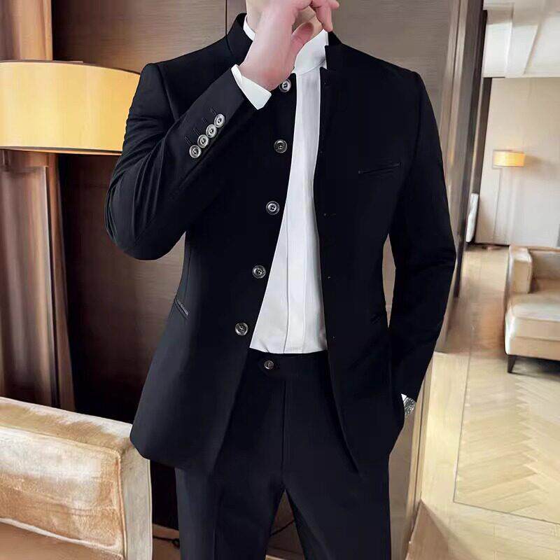 UASK中山装西服套装男新郎西装礼服高端休闲 中青年男士立领两件