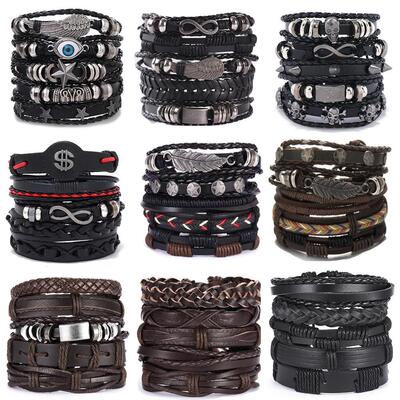 Cross-border leather handwoven men's punk bracelet男士手