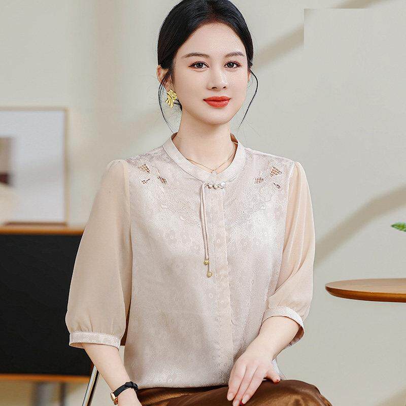 时尚中年T恤女夏装桑蚕丝100%套装小个妈妈圆领真丝印花上衣薄款