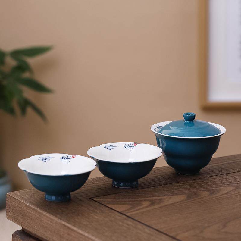 女士茶具一壶两杯手绘简约小套茶具茶杯旅行便携包快客杯车载户外