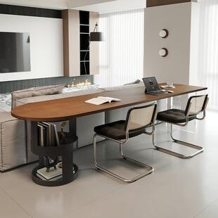 意式极简实木大板书桌横厅沙发后长条桌亚克力弧形客厅大长学习桌