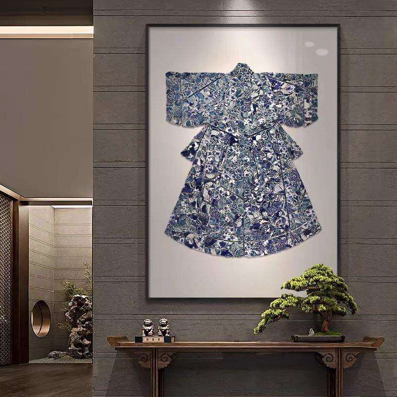 新中式实物装饰画现代风格手工画青花瓷贴片实物装饰挂画