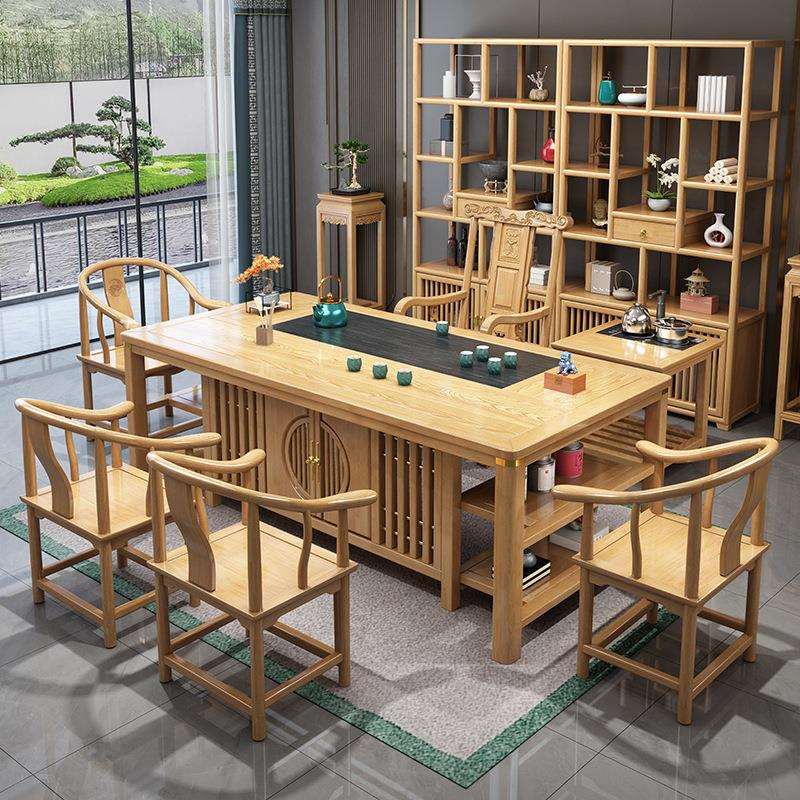 新中式茶桌椅组合一桌五椅办公室实木茶几套装一体原木色干泡茶台
