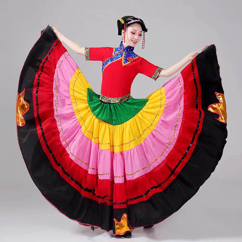 服新款彝族舞蹈003装女裙彝族大摆裙洗春天舞蹈服哈尼宝演贝舞蹈