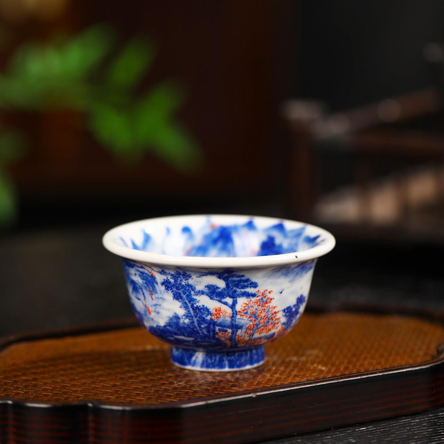 景德镇青花山水主人杯高端纯手绘釉下彩高温压手杯手工陶瓷茶杯