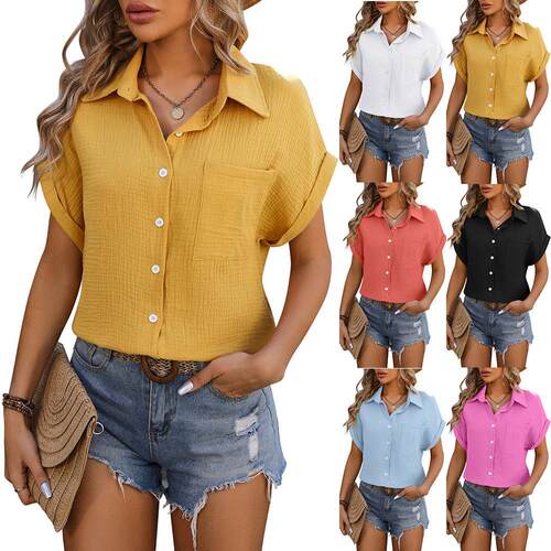 Women's short sleeved pocket wrinkled fabric shirt for