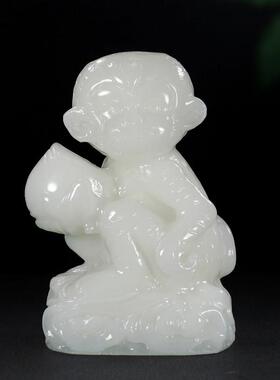 天然阿富汗白玉猴子摆件玉石十二生肖猴贺寿猴装饰品家具摆设礼物