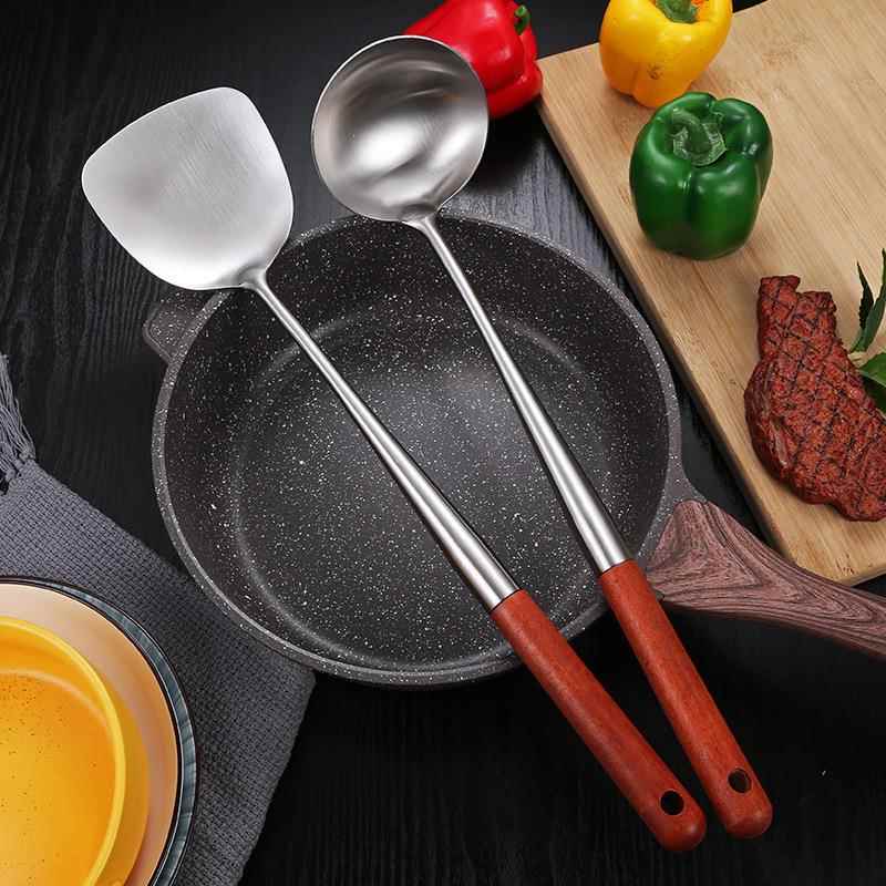 长柄304不锈钢锅铲炒菜铲子汤勺加长木柄厨师炒菜铲家用中式厨具
