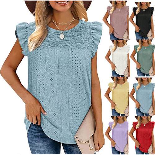 Ruffle Short Sleeve Crewneck Cute Summer Tops For Women 2026