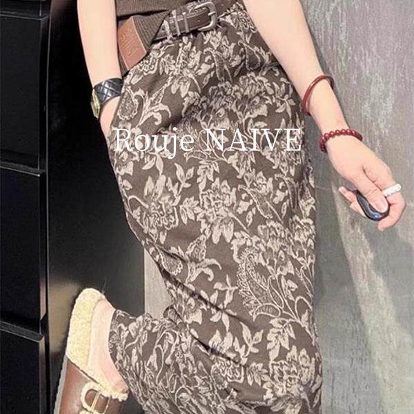 Rouje NAIVE茶色印花a字包臀半身裙女新款高级感超好看垂坠感长裙