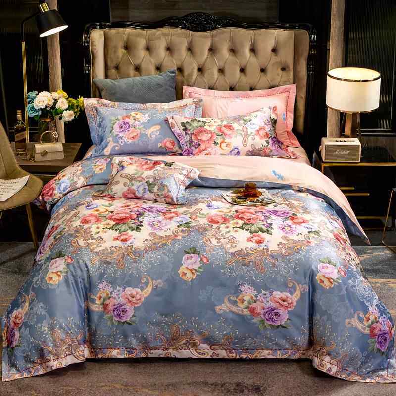 高档高欧式贡缎提花四件套全棉端纯床单结被套大红色婚庆婚床上棉