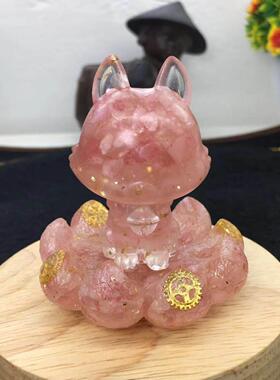 好记水晶滴胶碎石九尾狐摆件黄水晶粉水晶紫水晶金曜石高7cm左右