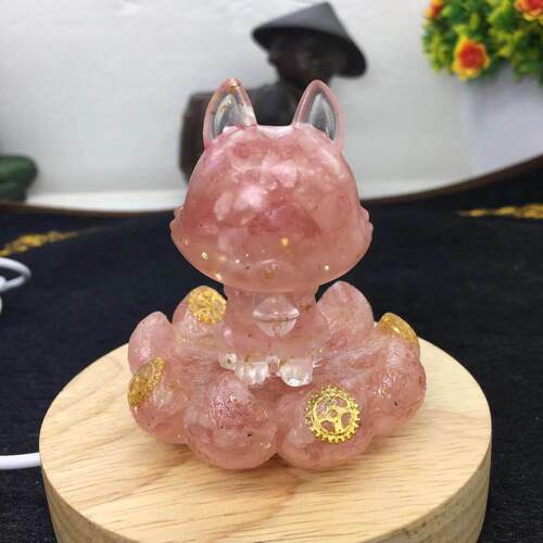 好记水晶滴胶碎石九尾狐摆件黄水晶粉水晶紫水晶金曜石高7cm左右