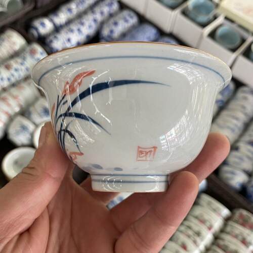 景德镇陶瓷草木灰手绘兰花茶杯家用主人杯单杯压手杯功夫品茗杯子