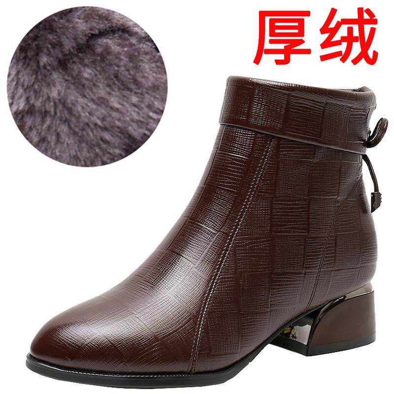 正品春秋性厚鞋跟短加码中女年母亲棉冬季羊毛衬里真皮一体化中跟
