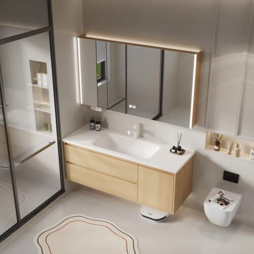 全铝蜂窝铝原木色浴室柜组合日式别墅卫生间岩板热弯一体盆洗漱台