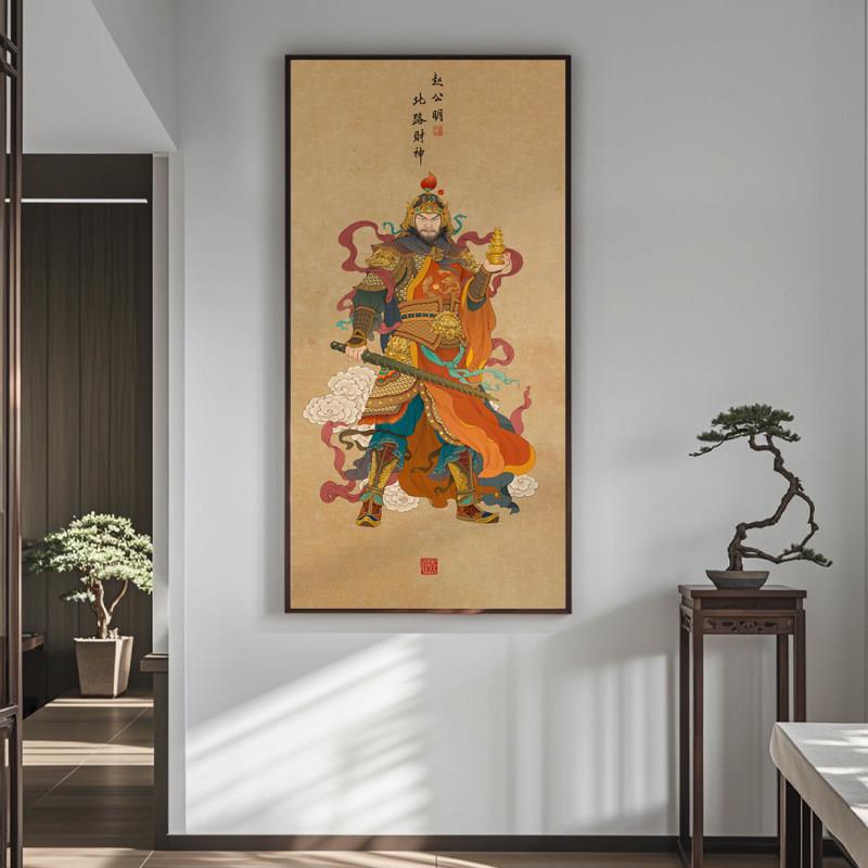 赵公明财神爷挂画玄关画五路关羽画像装饰画财神后背景墙佛龛供桌