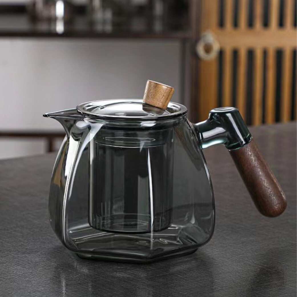 厂家批发耐热玻璃木把煮茶壶烟灰色侧把壶六角玻璃壶高硼壶泡茶壶