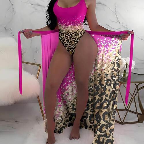 Adjustable Strap Two-Piece Swimsuit, Fashionable Plant