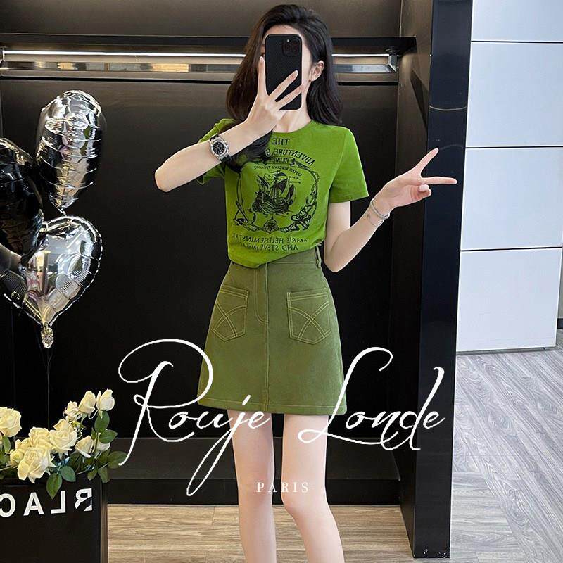 ROUJE LONDE多巴胺洋气减龄套装女夏季T恤牛仔短裙休闲时尚两件套