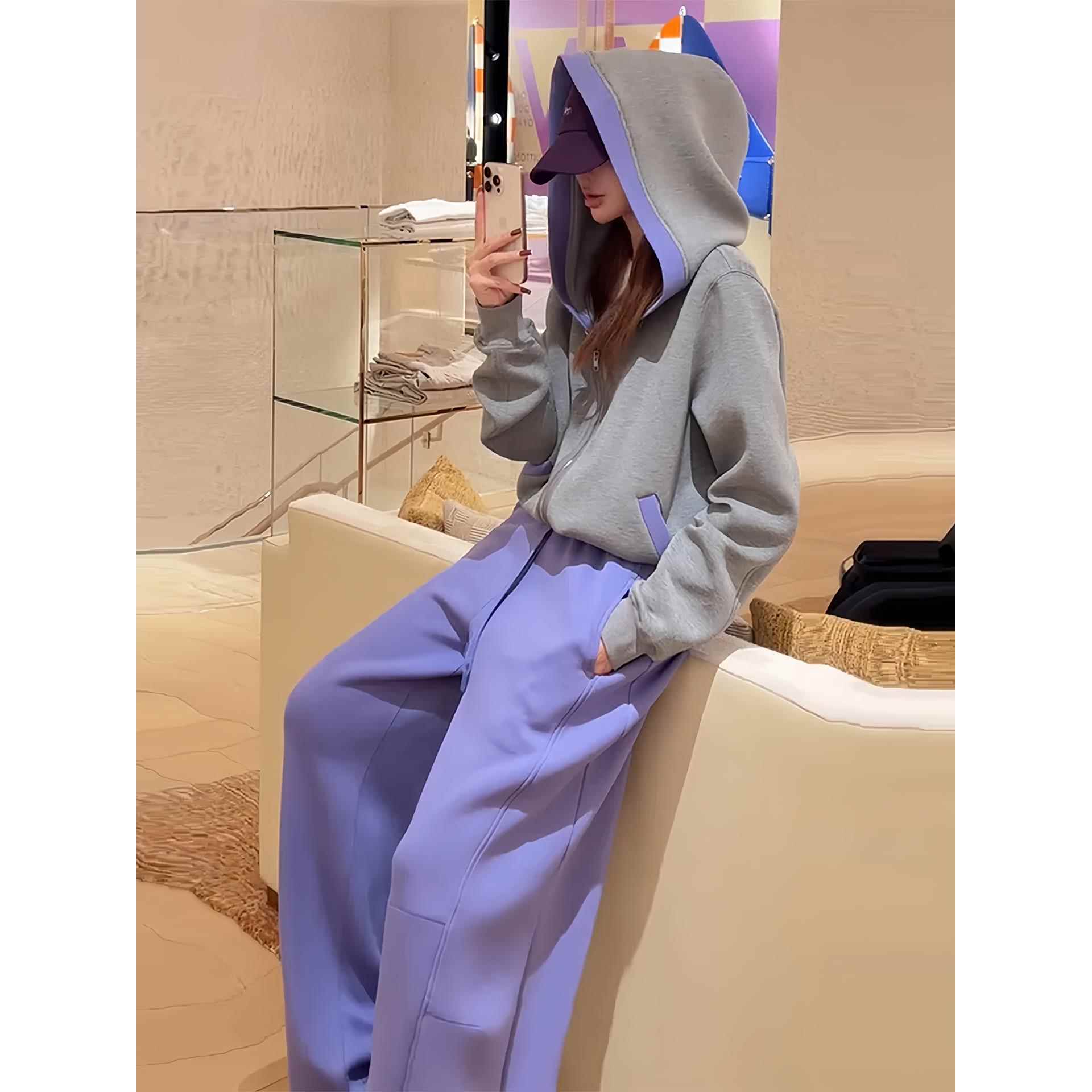 2025巨好看的早秋一整套时尚休闲洋气高级感撞色卫衣阔腿裤两件套