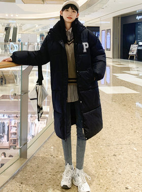 女式加厚立领棉衣2025新款冬季字母加长款韩版宽松过膝棉服外套