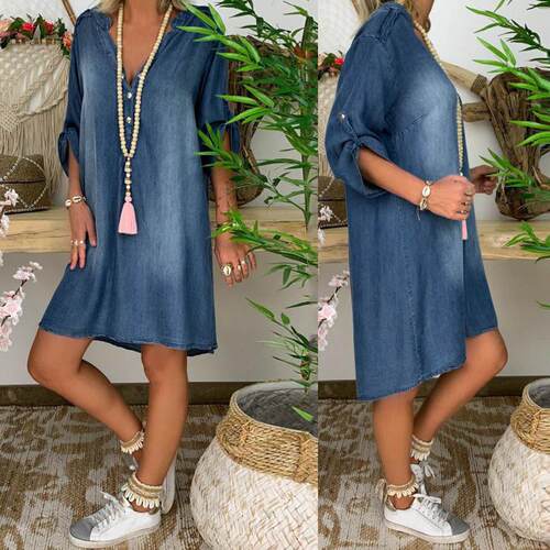 Women's collar nail buckle short sleeved denim dress