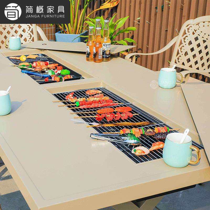 户外别墅庭院烧烤桌椅露天电烤炭烤桌家用双炉烤台休闲金属桌椅