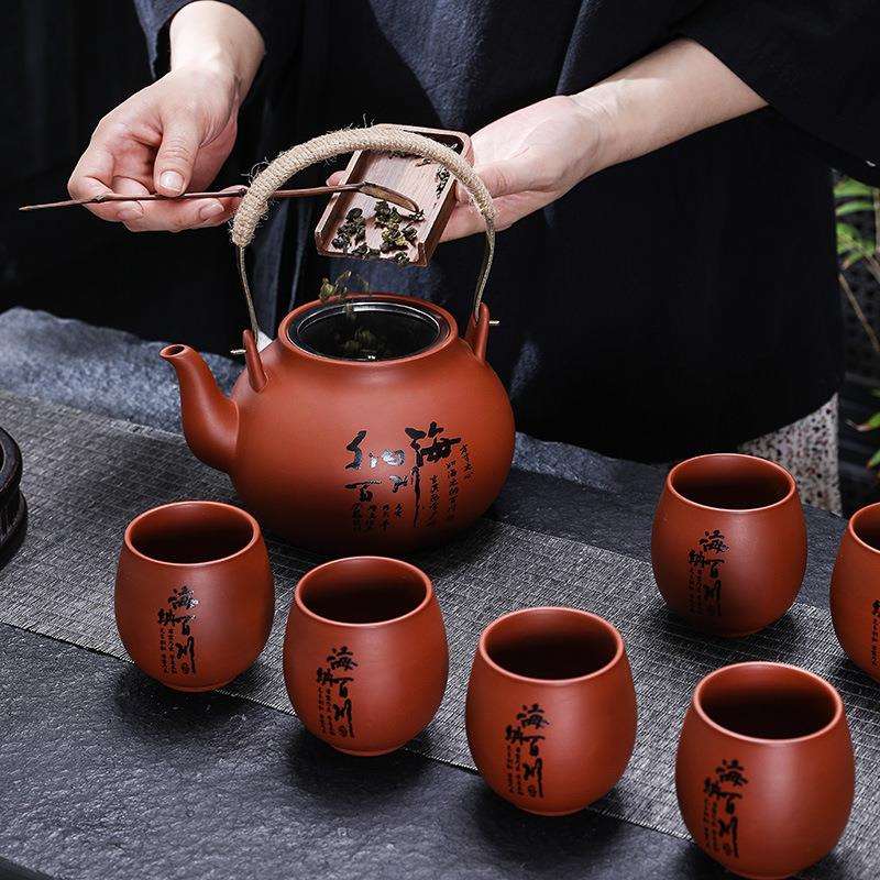 复古大号朱泥紫砂提梁壶茶具套装家用陶瓷茶杯茶壶整套泡茶壶