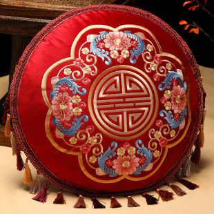 中国风抱枕沙发客厅靠垫中式刺绣圆形流苏靠枕含芯床上腰枕靠背垫