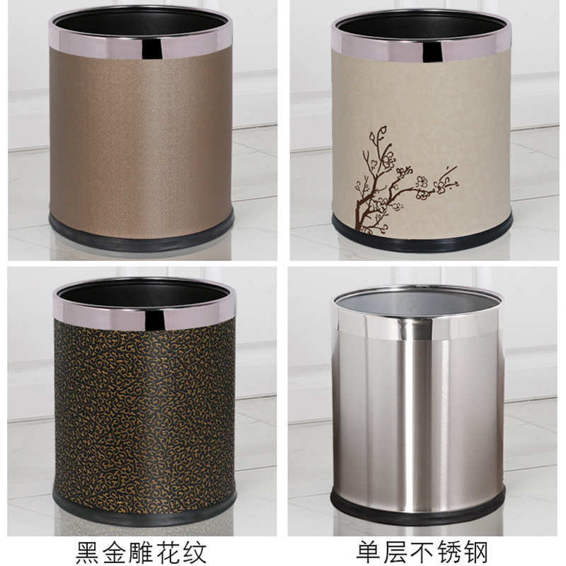 批发14L客房双层不锈钢垃圾桶加厚阻燃家用圆形皮桶酒店办公室KTV