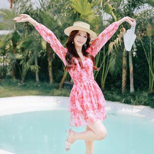 2026新连身裙式 防晒泳衣女胖mm遮肚显瘦200斤钢托托长0319r 大尺码