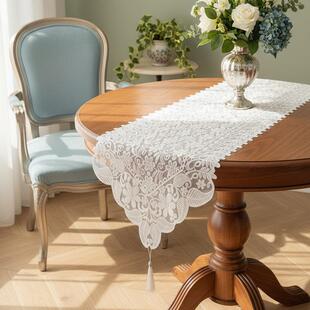 柜装 复古式 绣蕾桌旗白色花长条2666餐丝桌布餐边柜法电视柜斗柜鞋
