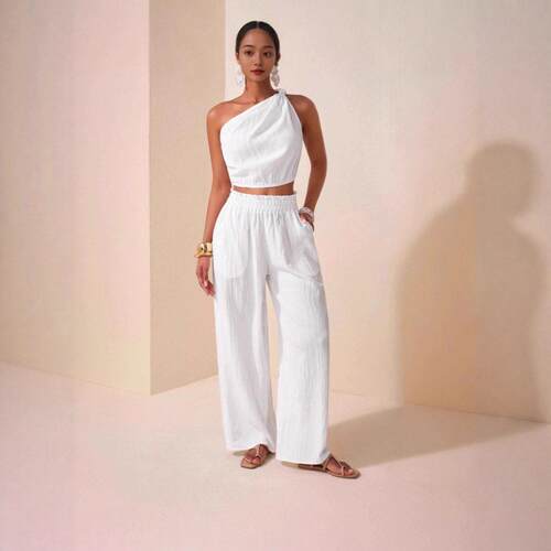Two-Piece Set Womens Solid Sleeveless Crop Top & Wide Leg