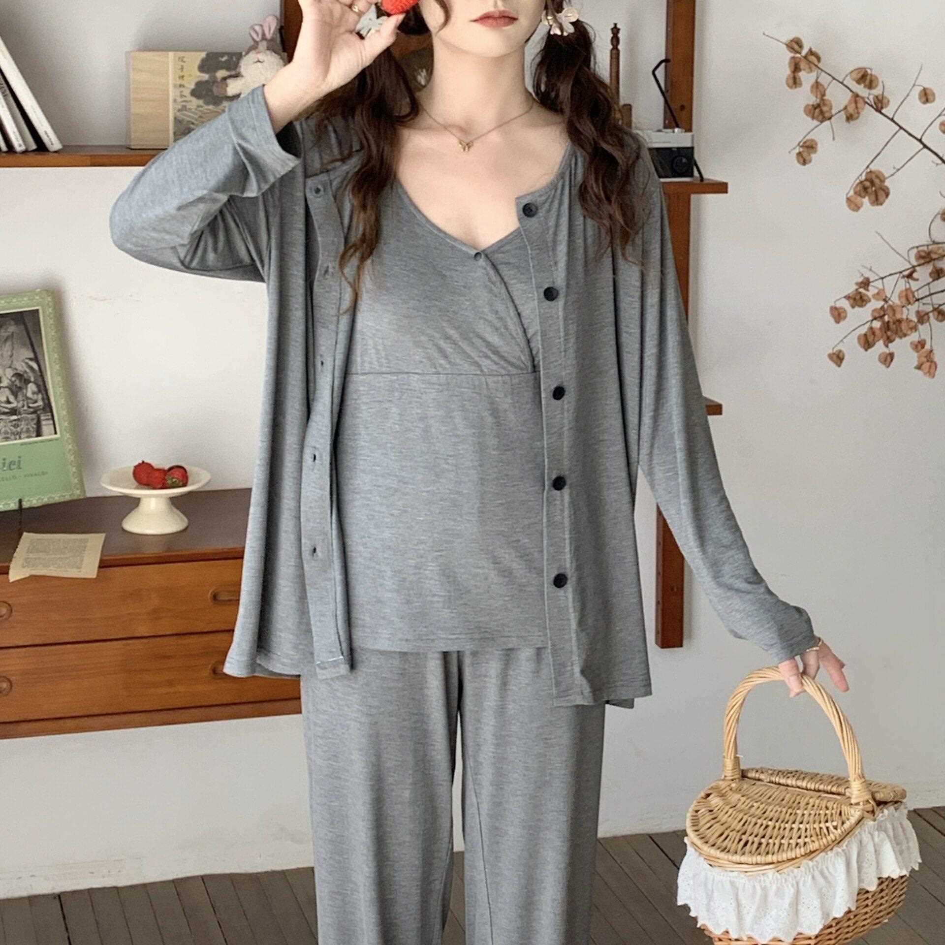 新款直销现货88206带胸垫月子服春夏产后莫尔孕妇套装三件套背心