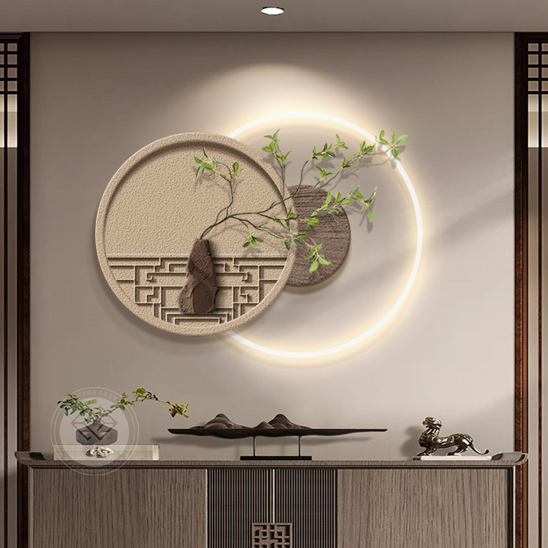 新中式入户玄关装饰画高档客厅过道走廊壁画灯禅意茶室背景墙挂画