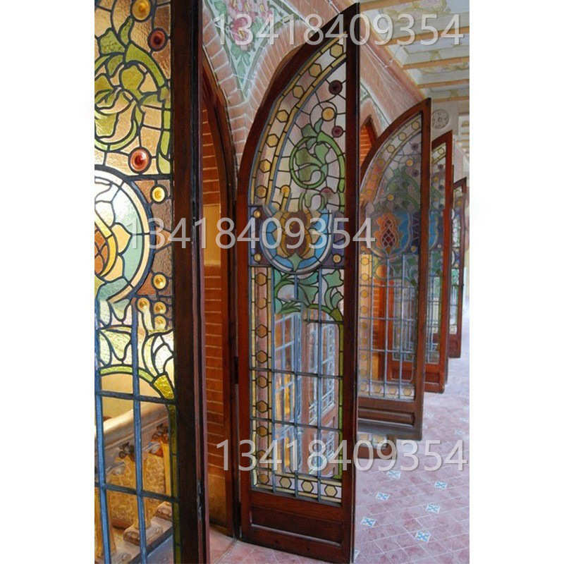 田园风格镶嵌彩色玻璃门 民宿别墅艺术装饰彩色玻璃门窗
