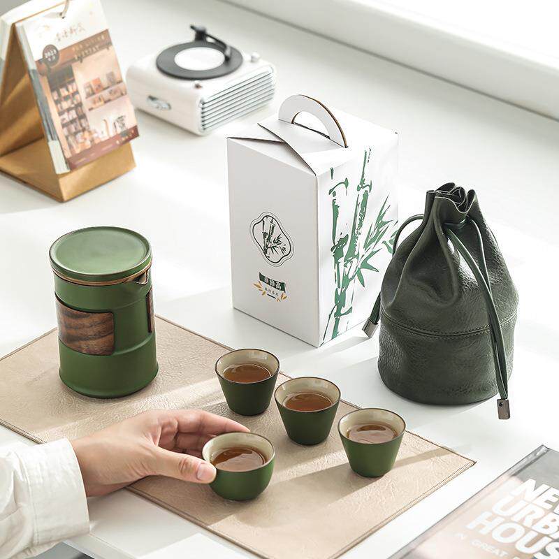 陶瓷旅行茶具一壶四杯便携快客杯户外露营创意送礼送长辈竹节国风