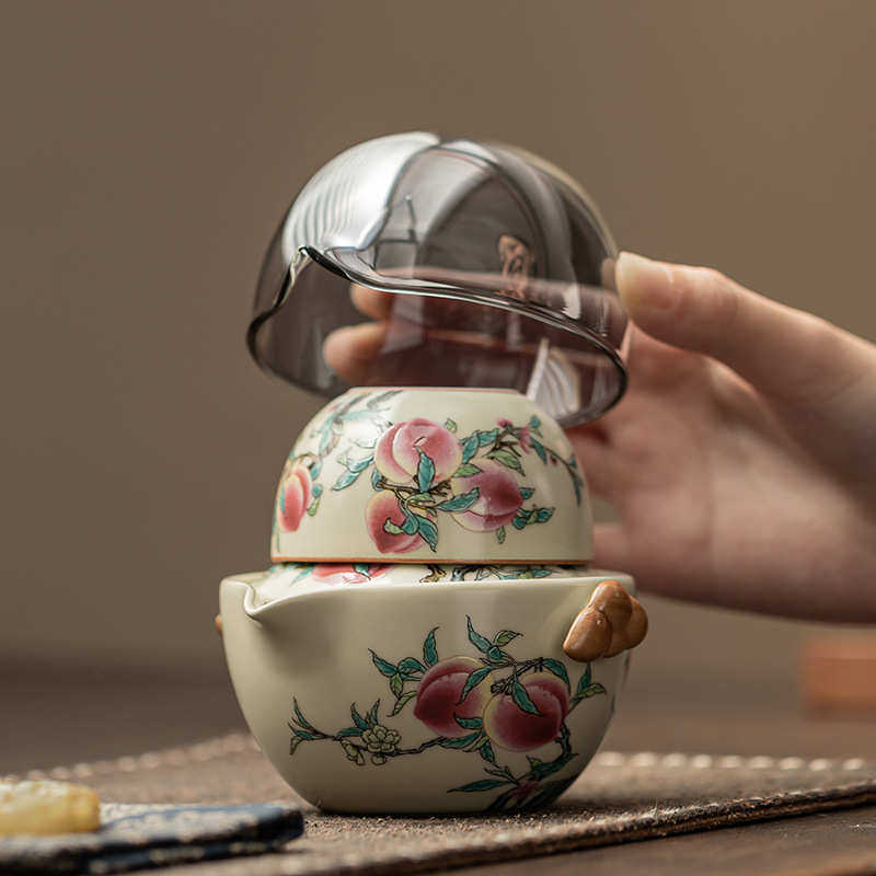 仿古汝窑九桃旅行茶具便携式泡茶套装一壶二杯开片可养功夫快客杯